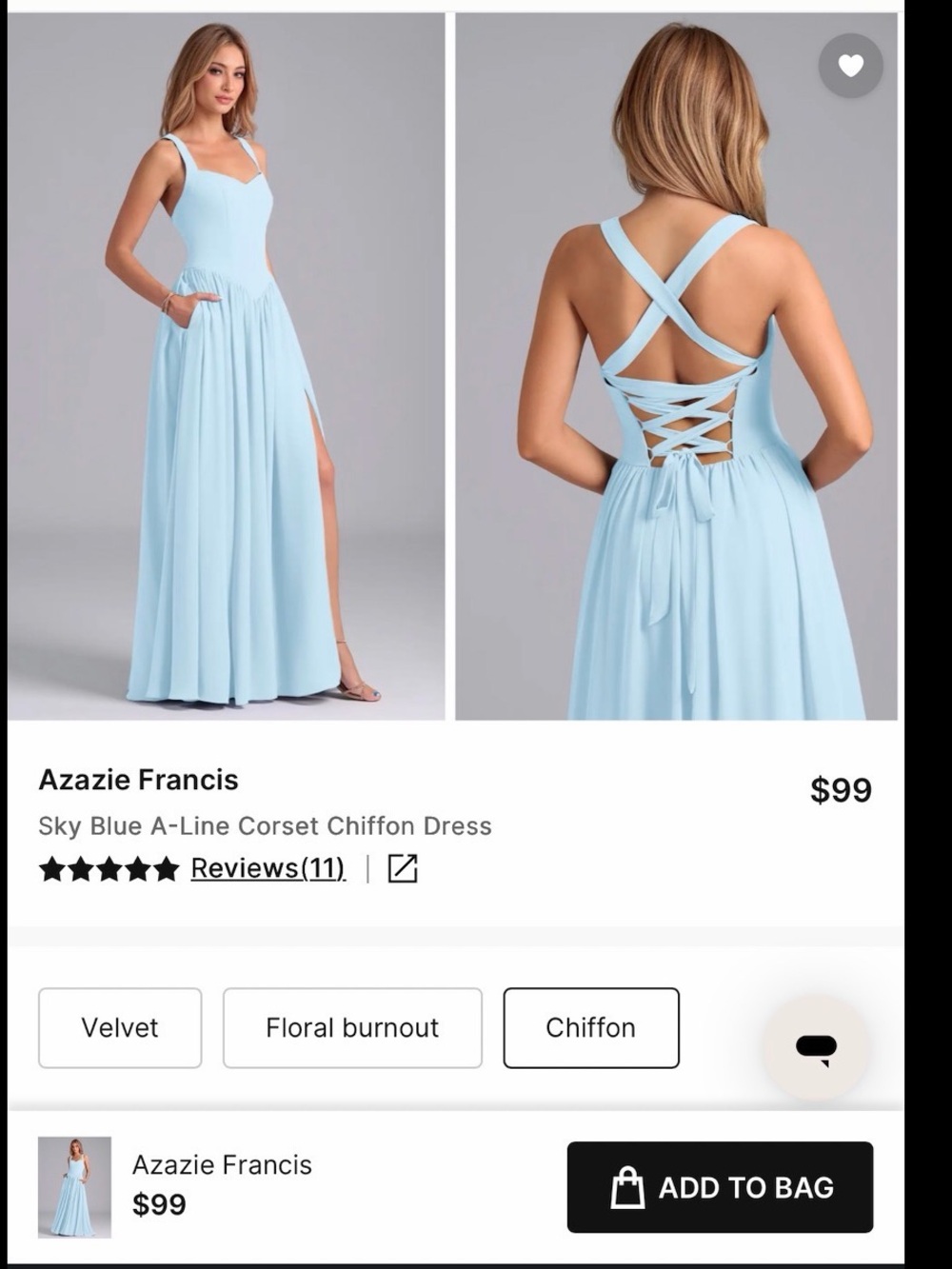 Azazie Sky Blue Corset Chiffon Maxi Dress
